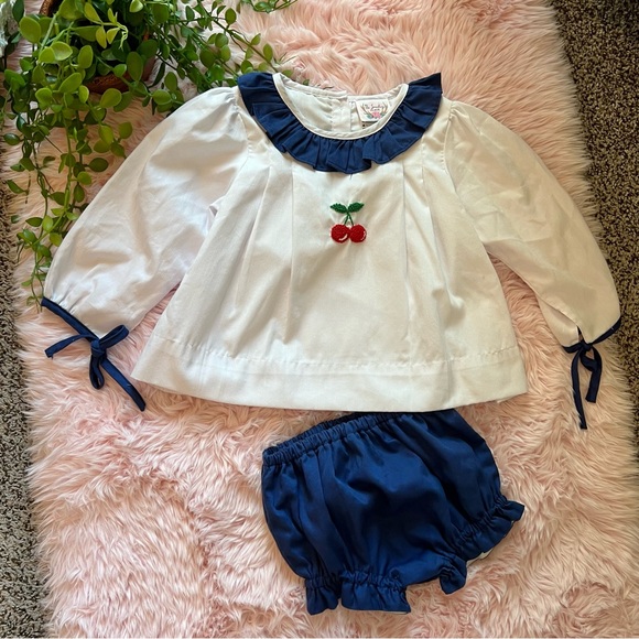 The Smocking Place Other - The Smocking Place Navy Blue White Cherry Embroidered Ruffle Blouse & Bloomers 2
